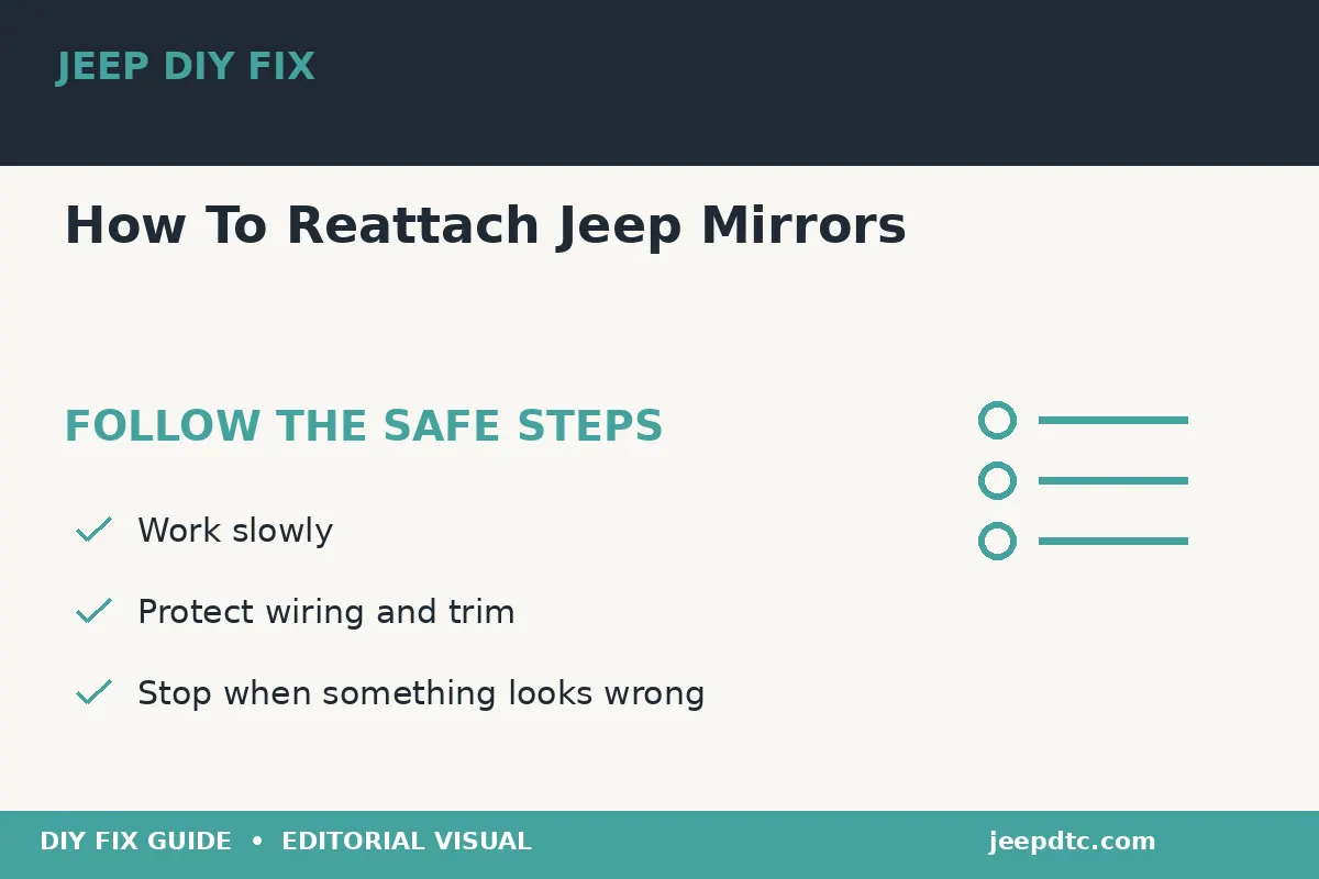 Step-by-step procedure for How To Reattach Jeep Mirrors